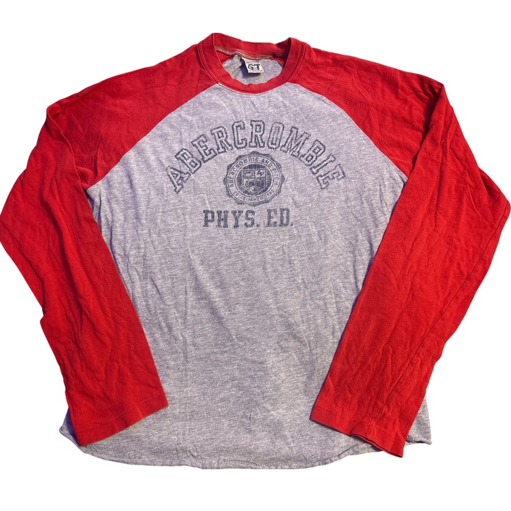 Abercrombie Vintage Phys Ed Raglan Baseball Shirt Distressed Y2K Red Gray Medium